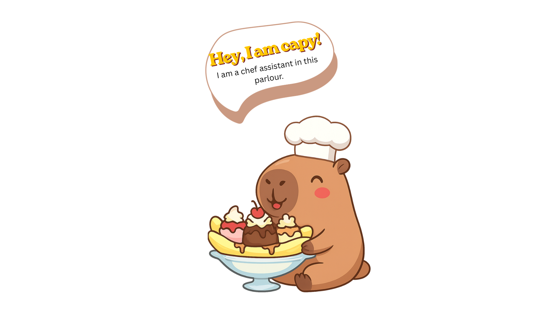 Capy the capybara chef with an ice cream sundae